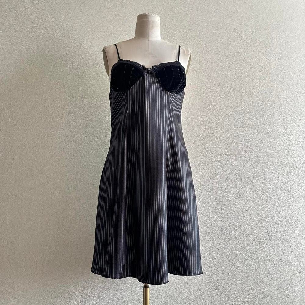 handmade black and light pink striped satin slip mini dress